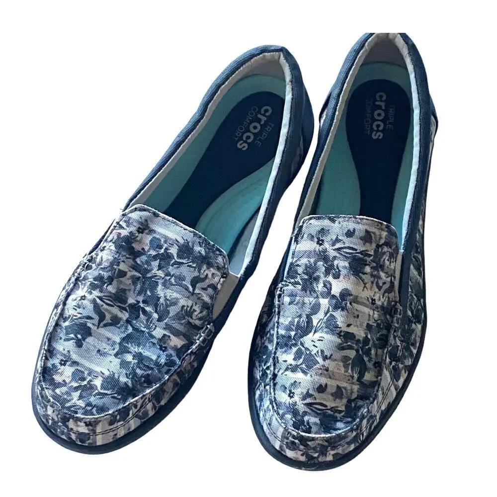 Crocs Slip Ons Floral Womens White Pink Blue US 11 Casual Comfy Walking Shoes